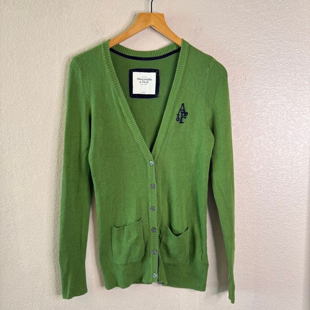 Abercrombie & Fitch Cardigan Womens Large Green Vintage Style A&F Logo Preppy